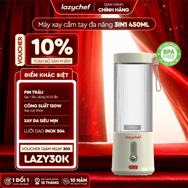 [PHIÊN BẢN MÀU KEM MỚI NHẤT] MÁY XAY TÍCH ĐIỆN ĐA NĂNG 3IN1 LAZYCHEF 450ML