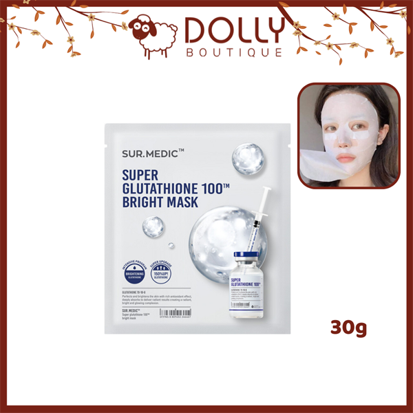 Mặt nạ Sur.Medic Super Glutathione 100 Bright Mask 30g, bao bì màu trắng – hồng, chứa Glutathione và Vitamin C, giúp dưỡng trắng, làm sáng và cấp ẩm cho da.