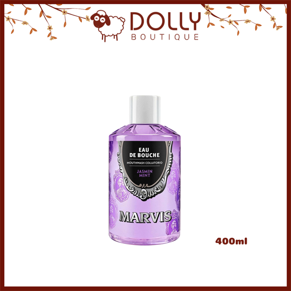 Chai nước súc miệng Marvis Jasmin Mint 400ml màu tím pastel, thiết kế sang trọng, hương hoa nhài kết hợp bạc hà, giúp hơi thở thơm mát và dễ chịu.
