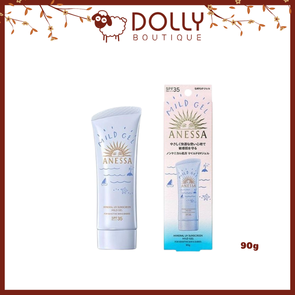 Gel chống nắng Anessa Mild SPF35/PA+++ 90g, chai trắng xanh, dành cho da nhạy cảm, bảo vệ da và dưỡng ẩm nhẹ.