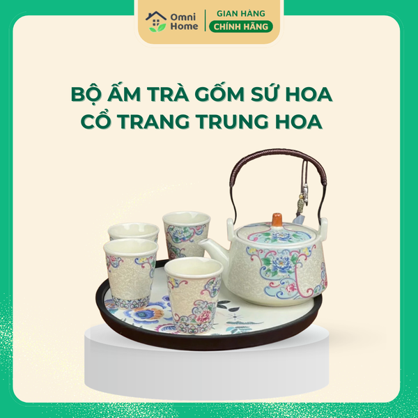 Bộ Ấm Trà Gốm Sứ Hoa Mẫu Đơn Phong Cách Cổ Trang Trung Hoa Kèm Khay