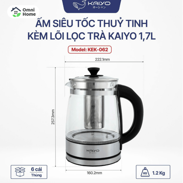 Ấm siêu tốc thuỷ tinh borosilicate kèm lọc trà có điều chỉnh nhiệt độ Kaiyo 1.7L (KEK-062)