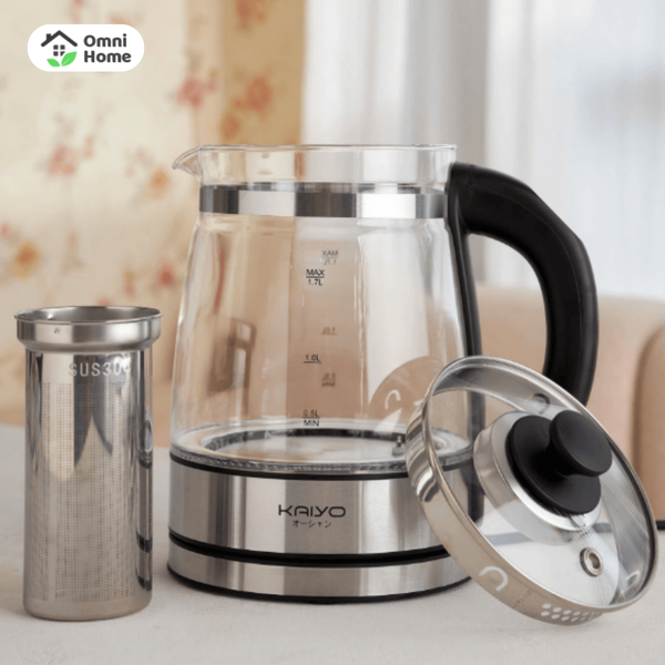 Ấm siêu tốc thuỷ tinh borosilicate kèm lọc trà có điều chỉnh nhiệt độ Kaiyo 1.7L (KEK-062)