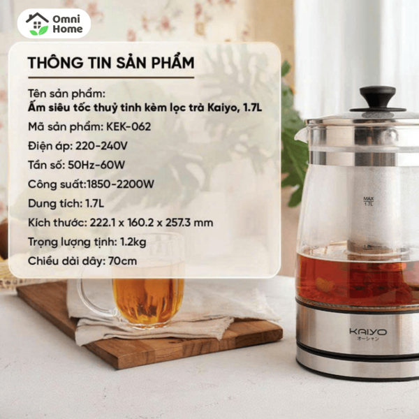 Ấm siêu tốc thuỷ tinh borosilicate kèm lọc trà có điều chỉnh nhiệt độ Kaiyo 1.7L (KEK-062)