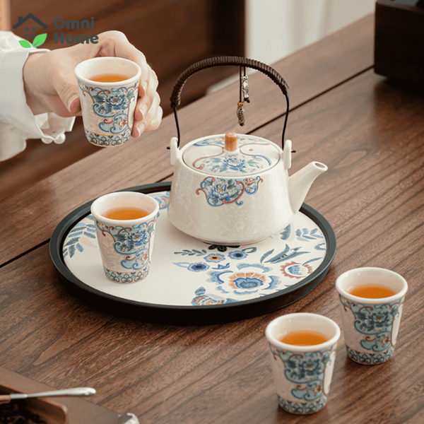 Bộ Ấm Trà Gốm Sứ Hoa Mẫu Đơn Phong Cách Cổ Trang Trung Hoa Kèm Khay