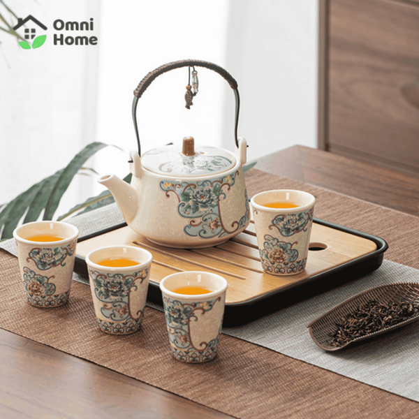 Bộ Ấm Trà Gốm Sứ Hoa Mẫu Đơn Phong Cách Cổ Trang Trung Hoa Kèm Khay