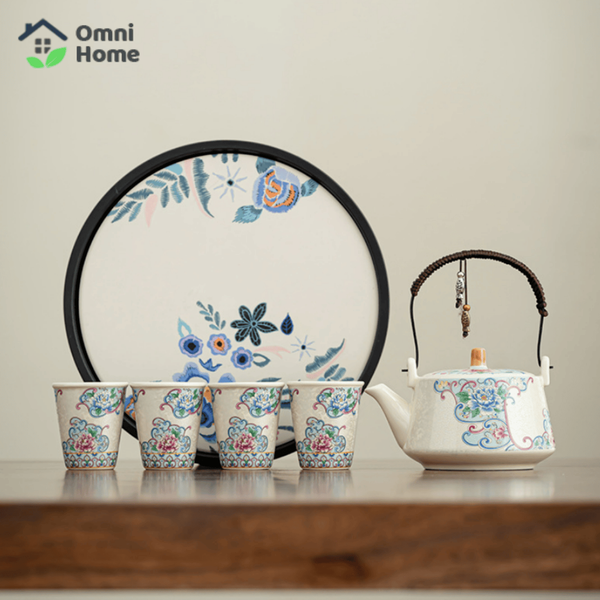 Bộ Ấm Trà Gốm Sứ Hoa Mẫu Đơn Phong Cách Cổ Trang Trung Hoa Kèm Khay