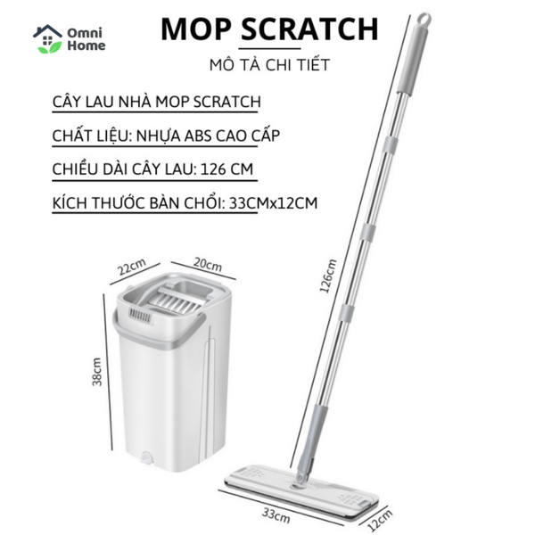Cây Lau Nhà Tự Vắt Thông Minh MOPScratch, Bộ Lau Nhà 360 Độ Cao Cấp