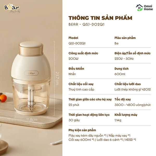 Máy xay ăn dặm 0.6L Bear QSJ-D02Q1