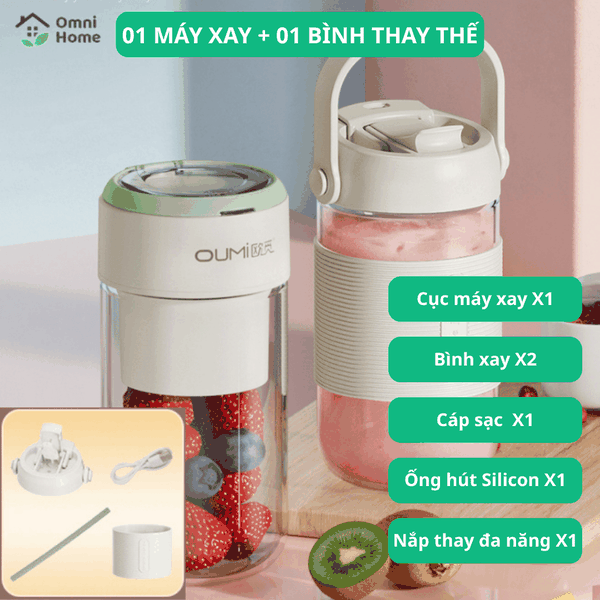 Máy Xay Sinh Tố Thủy Tinh Mini OUMI | Không dây, 700ml, 26 Lưỡi Xay, Sạc USB