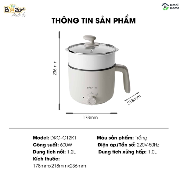 Nồi Lẩu Mini Đa Năng 1.2L Bear DRG-C12K1