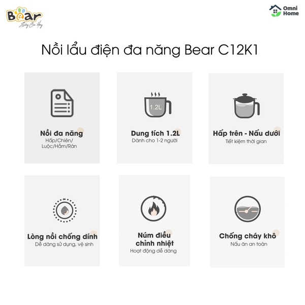 Nồi Lẩu Mini Đa Năng 1.2L Bear DRG-C12K1