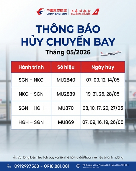 China Eastern Airlines Hủy Chuyến Bay Tháng 05/2026: SGN đi NKG & HGH