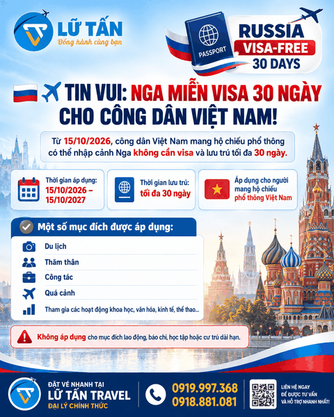 Nga miễn visa 30 ngày cho công dân Việt Nam từ 15/10