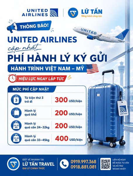 United Airlines cập nhật phí hành lý đi Mỹ 2026
