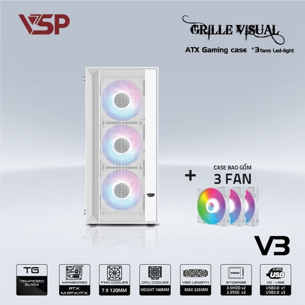 Vỏ Case VSP GAMING V3 - TRẮNG (ATX/Mid Tower)