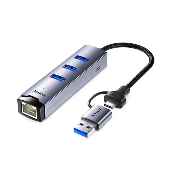 Bộ Chuyển USB Sang LAN 1Gbps Kèm 3 Cổng USB 3.0 Vỏ Nhôm Cao Cấp Jasoz T-F136 ( Dual USB 3.0 + USB-C )
