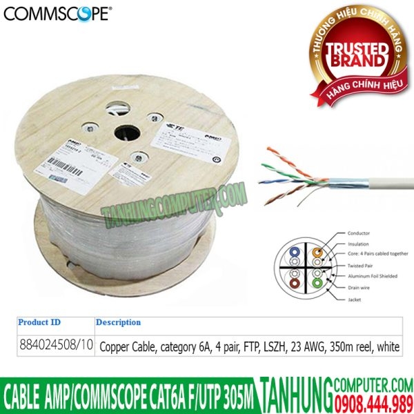Cáp Mạng Cat6A Commscope 884024508/10 CS44Z1, Category 6A Cable, 4 pair, 23 AWG, F/UTP, LSZH, 305M, Reel, White Chính Hãng