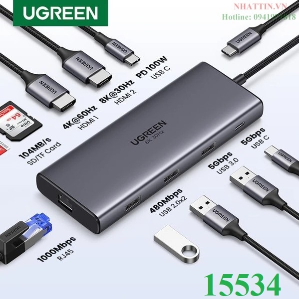 Bộ chuyển đổi Ugreen 15534 Hub Đa Năng 10 trong 1 hỗ trợ 2 cổng HDMI