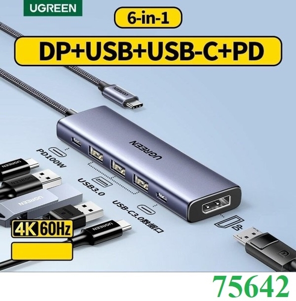 Hub 6 in 1 USB-C sang Displayport, USB-A 3.0 x3, USB-C x1, sạc PD 100W hỗ trợ 4K/60Hz Ugreen 75642