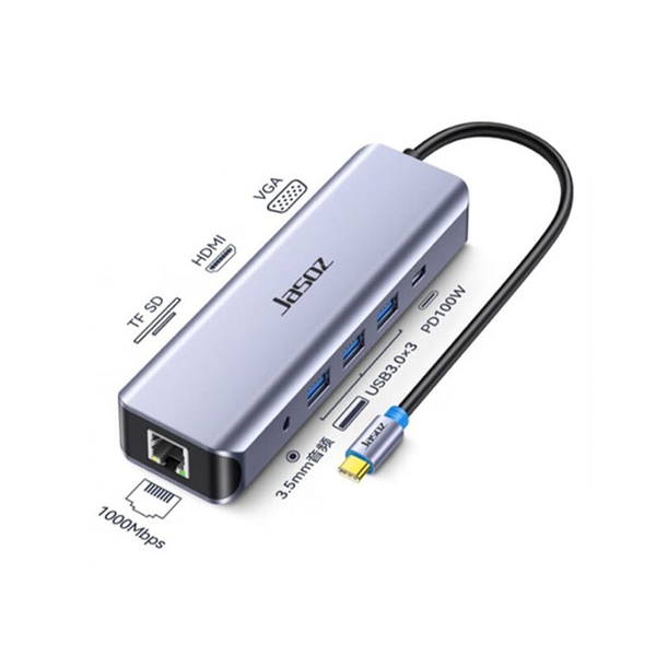 HUB USB-C đa năng 10 in 1 HDMI +VGA + LAN+ USB + SD/TF + Audio 3.5mm + PD100W JASOZ T-H113