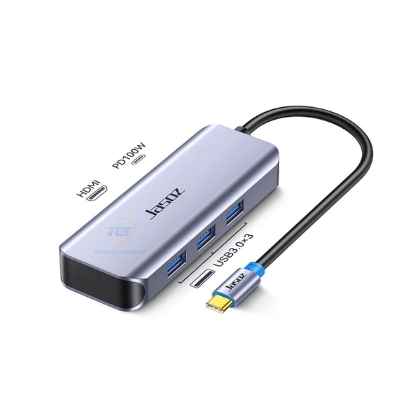 HUB đa năng 5 in 1 USB Type C to HDMI, PD100W, 3xUSB 3.0 dài 17cm JASOZ T-H109