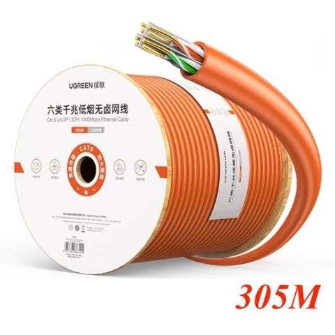 Cáp mạng Lan CAT 6 Ugreen 80642 305M Màu Đỏ Cam chống cháy, lõi đồng nguyên chất