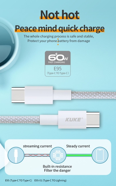 C&aacute;p Sạc 60W Mạ Hợp Kim Kẽm 2 Đầu TypeC Kuke - E95