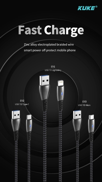 Cáp Sạc Nhanh 3A Tự Ngắt KuKe - E91 (Lightning)