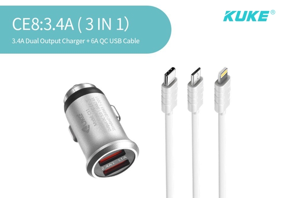 Tẩu sạc KUKE 3.4A kèm dây 3in1 – CE8