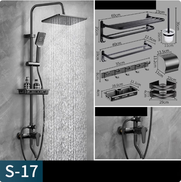 Bộ cây sen tắm bằng đồng của Đức màu đen kèm phụ kiện giá treo khăn tắm cao cấp S17