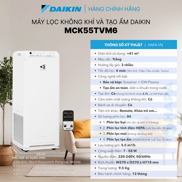 Thông số kĩ thuật của Máy Lọc Không Khí Tạo Ẩm DAIKIN MCK55TVM6