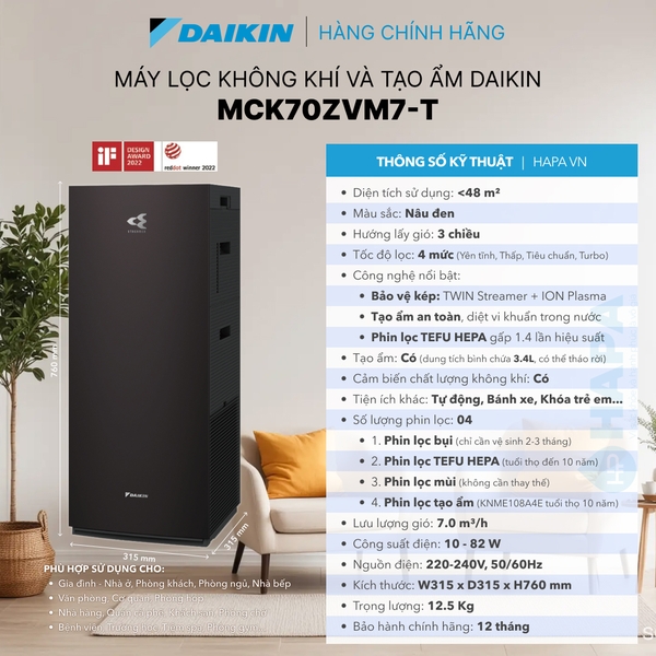 Thông số kĩ thuật của Máy Lọc Không Khí Tạo Ẩm DAIKIN MCK70ZVM7-T 