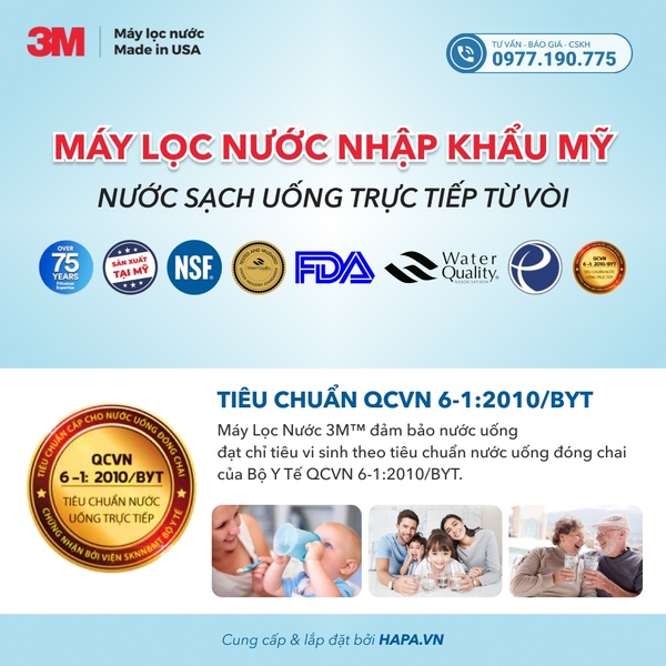 Máy Lọc Nước Nóng Lạnh 3 Vòi 3M (Màu Trắng) - Bộ lọc nhập khẩu Mỹ