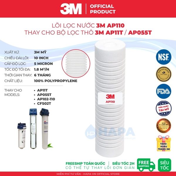 Lõi Lọc Nước 3M AP110 10 inch Thay Cho 3M AP11T, AP055T, AP102T-110 - Nhập khẩu Mỹ