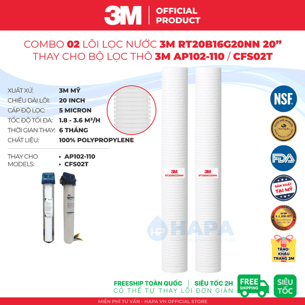 Lõi Lọc Thô 3M RT20B16G20NN 20 inch Thay Cho AP102T-110, CFS02T - Nhập khẩu Mỹ