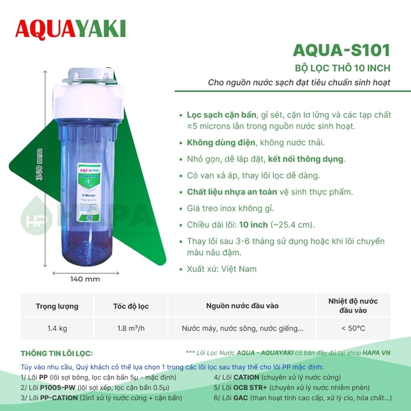 Bộ Lọc Thô 1 Cốc AQUAYAKI 10 inch