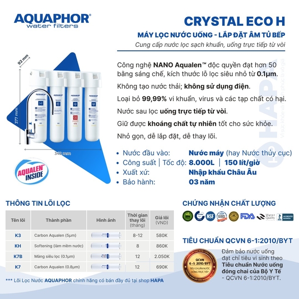 Máy Lọc Nước AQUAPHOR CRYSTAL ECO H Nano Aqualen™ - Nhập Khẩu Châu Âu