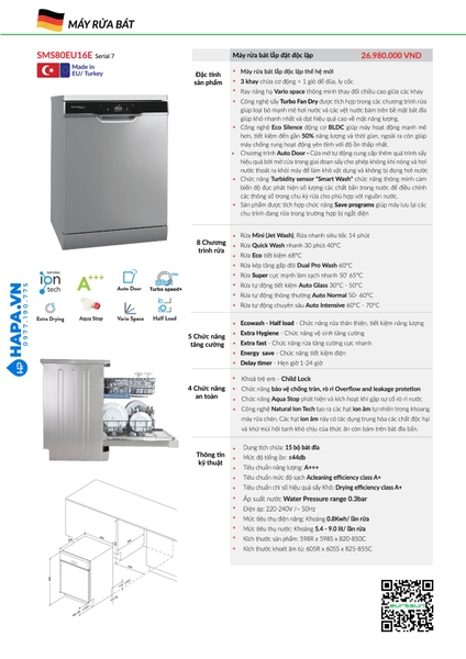 Máy Rửa Chén EUROSUN SMS80EU16E Cao Cấp 15 Bộ - Nhập Khẩu CHLB Đức