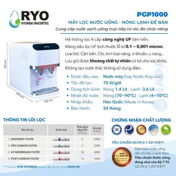 Máy Lọc Nước Nóng Lạnh RYO Hyundai PGP1000 - Nhập khẩu Hàn Quốc