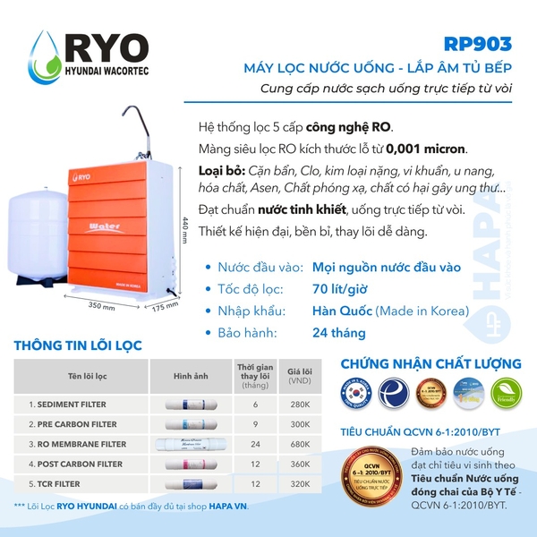 Máy Lọc Nước RO RYO Hyundai RP903 - Nhập khẩu Hàn Quốc