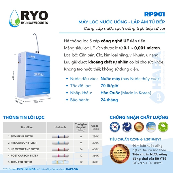 Máy Lọc Nước Uống RYO Hyundai RP901 Công nghệ UF - Nhập Khẩu Hàn Quốc