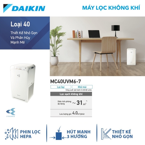 Máy Lọc Không Khí DAIKIN MC40UVM6-7 Công nghệ STREAMER, Dưới 31m²