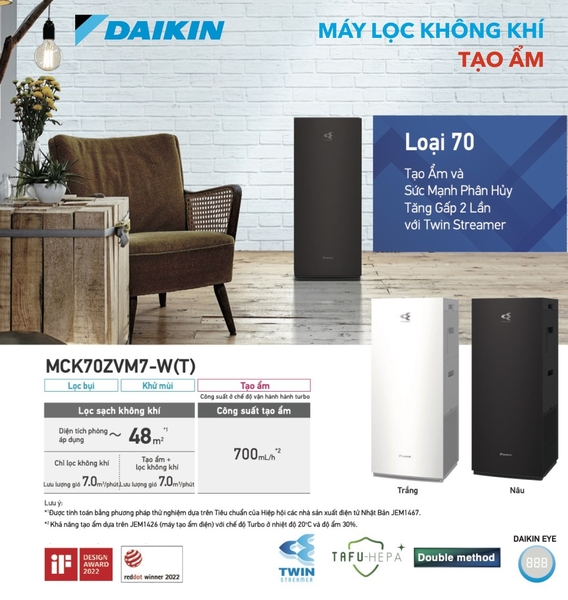 Máy Lọc Không Khí Tạo Ẩm DAIKIN MCK70ZVM7-T/W Diện tích dưới 48m²