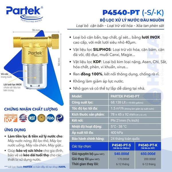 Lõi Lọc Nước PARTEK KDF (SPP#234540-K) - SILIPHOS (SPP#234540-S) Thay Thế Cho Bộ Lọc P4540-PT