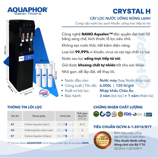 Máy Lọc Nước Nóng Lạnh AQUAPHOR CRYSTAL H - Bộ Lọc Nhập khẩu Châu Âu