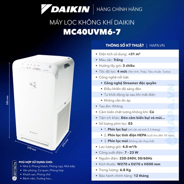 Máy Lọc Không Khí DAIKIN MC40UVM6-7 Công nghệ STREAMER, Dưới 31m²