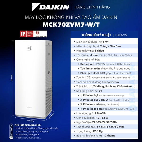 Máy Lọc Không Khí Tạo Ẩm DAIKIN MCK70ZVM7-T/W Diện tích dưới 48m²