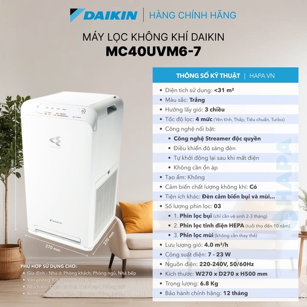 Máy Lọc Không Khí DAIKIN MC40UVM6-7 Công nghệ STREAMER, Dưới 31m²