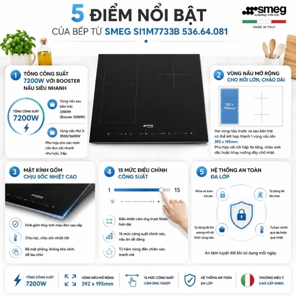 Bếp Từ SMEG SI1M7733B 536.64.081 | 3 vùng nấu - Nhập Khẩu Châu Âu, Hàng Chính Hãng